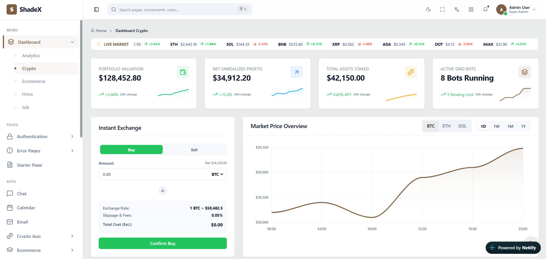 Screenshot of the Dark mode admin dashboard in the actual ShadeX React admin template